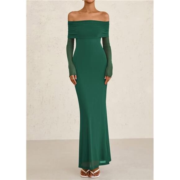 Elegant Off The Shoulder Formal Maxi Dress Green - Picture 1 of 6